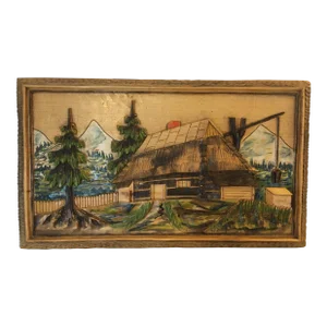 Vintage German Black Forest Wood Carved Landscape Cottage Wall Hanging Art