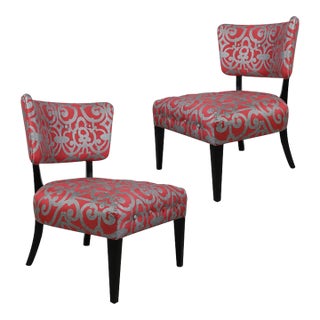 Pair of Gray and Coral Embossed Ornate Pattern Upholstery Chair For Sale
