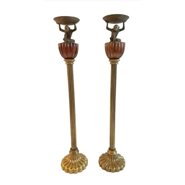 Vintage Ornate Tall Fluted Scalloped Brass Candle Torchières With Monkey - A Pair For Sale In Atlanta - Image 6 of 8