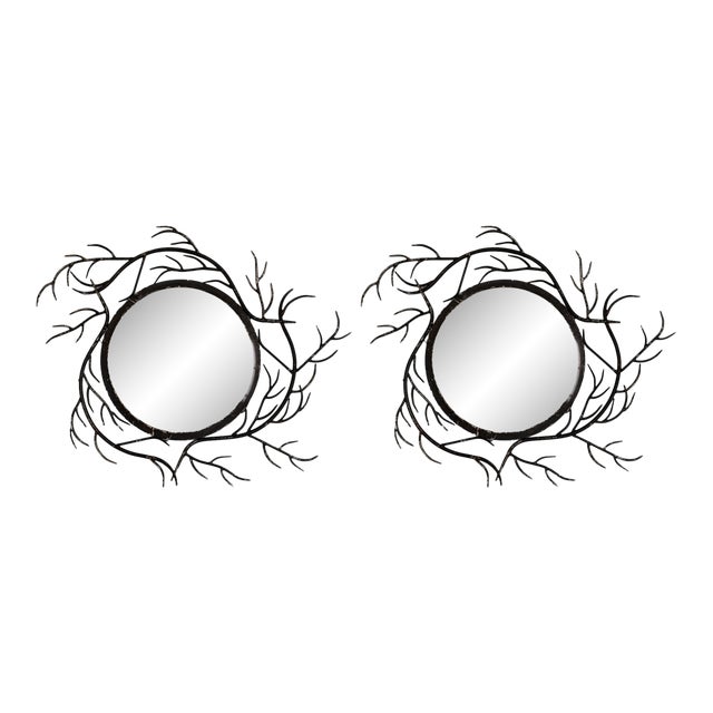 Mid Century Round Mirrors With Iron Branch Frames - A Pair For Sale
