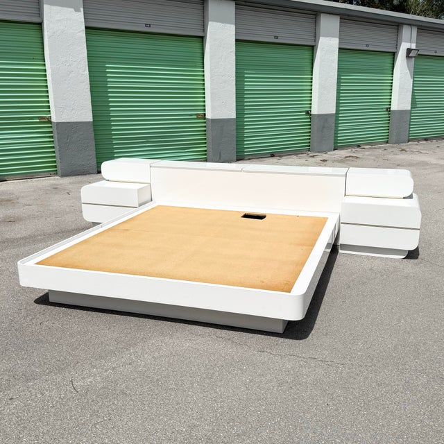 Postmodern Postmodern White Gloss Laminate King Size Platform Bed With Storage Headboard and Waterfall Nighstands - 4 Pieces For Sale - Image 3 of 12
