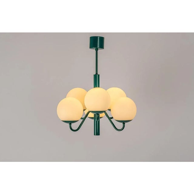 Metal German Green & Opal Glass Sputnik Pendant Light, 1970s For Sale - Image 7 of 11