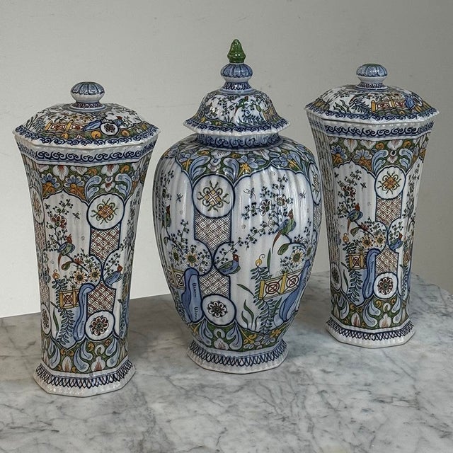 Boch Freres Keramis Set of Three Antique Boch Frères Keramis Hand-Painted Lidded Vases For Sale - Image 4 of 18