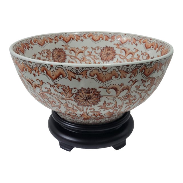 Large Chinese Porcelain Floral Burnt Orange Chinoiserie Bowl With Stand For Sale