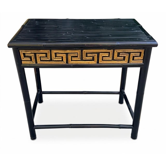Vintage ebony bamboo side table with natural bamboo Greek key apron. Versatile size.