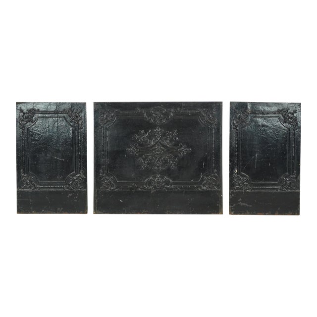 The Plaza Hotel French Style Black Cast Iron Fireback Set For Sale
