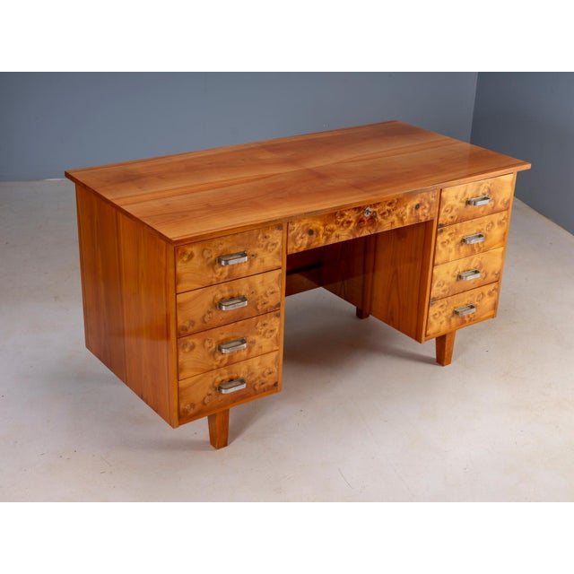 Mid-Century Modern Writing Desk in Burl Veneer with Eight Drawers For Sale - Image 5 of 16
