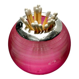 Late 19th Century Victorian English Cranberry Pink Threaded Glass & Sterling Silver Match Striker For Sale
