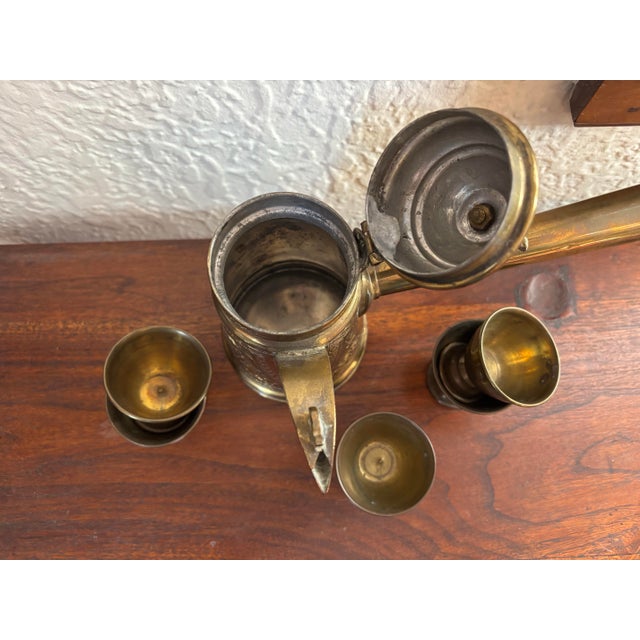 Brass Mid 20th Century Turkish Etched Brass Coffee Pot With Long Handle and Cups - Set of 6 For Sale - Image 8 of 9