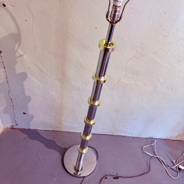 Vintage Modern Chrome & Brass-Toned Floor Lamp With Black Drum Shade For Sale In Los Angeles - Image 6 of 11
