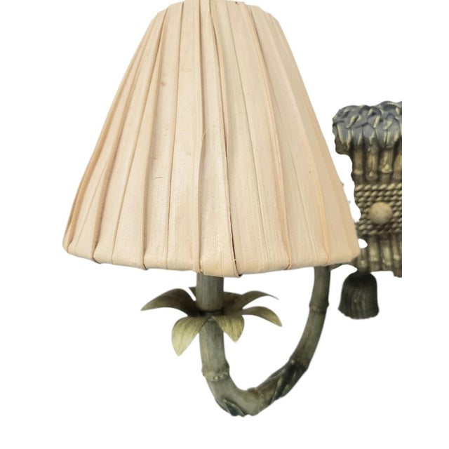 Traditional Vintage Faux Bamboo Tassel Pale Green Palm Leaf Raffia Shade 2 Arm Wall Sconce Lamp For Sale - Image 3 of 10