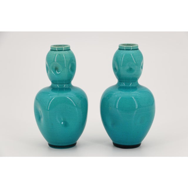 Ceramic 19th Century Burmantofts Pottery Set of Two Turquoise Vases For Sale - Image 7 of 14