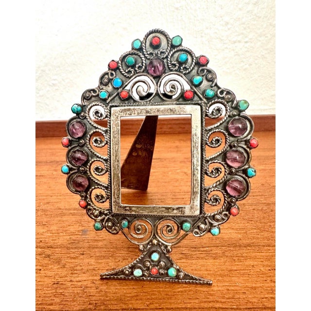 Metal Vintage Sterling Silver Taxco Picture Frame, Turquoise Coral Amethyst Gemstones For Sale - Image 7 of 12
