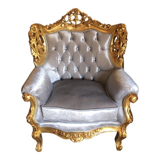 1970s Vintage Gilded Velvet Tufted Oversized Chair** For Sale
