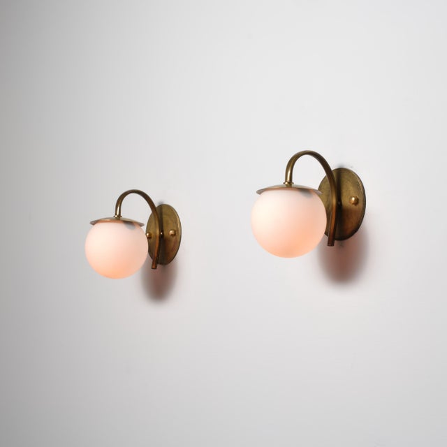 Vintage Italian Wall Sconces in Brass and Opaline Glass, 1950s, Set of 2 For Sale - Image 6 of 10