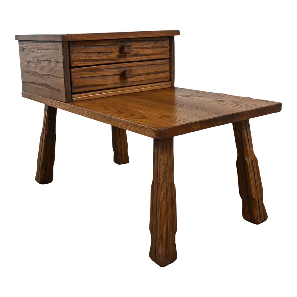 Vintage Rustic Ranch Oak Step End Table With 2 Drawers & Acorn 