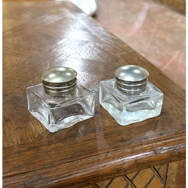 Black French Art Deco Black Lacquered Wood Desk Set With Glass Inkwells For Sale - Image 8 of 9