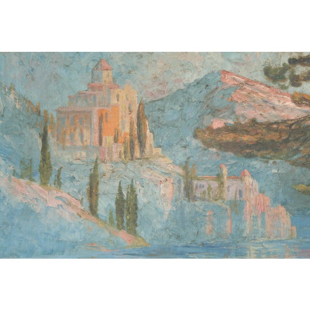 Oil painting of an Italian Villa / Castle in an idyllic lake setting, with thick texture, gorgeous color, and rich patina...
