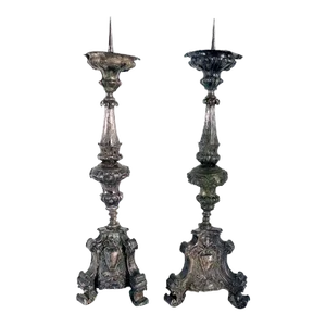18th Century French Baroque Repousse Silver Plated Copper Candlesticks - A Pair
