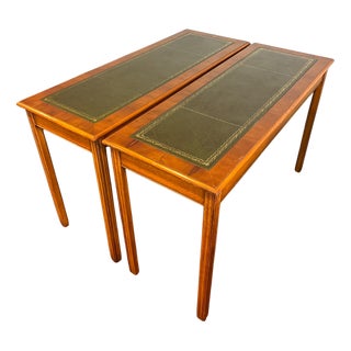 English Yew Tables with Green Leather, Set of 2 For Sale
