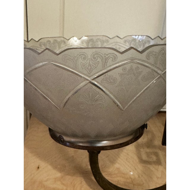 1910s Vintage Two Arm Brass Fixture With Vintage Etched Glass Gas Shades For Sale - Image 5 of 12