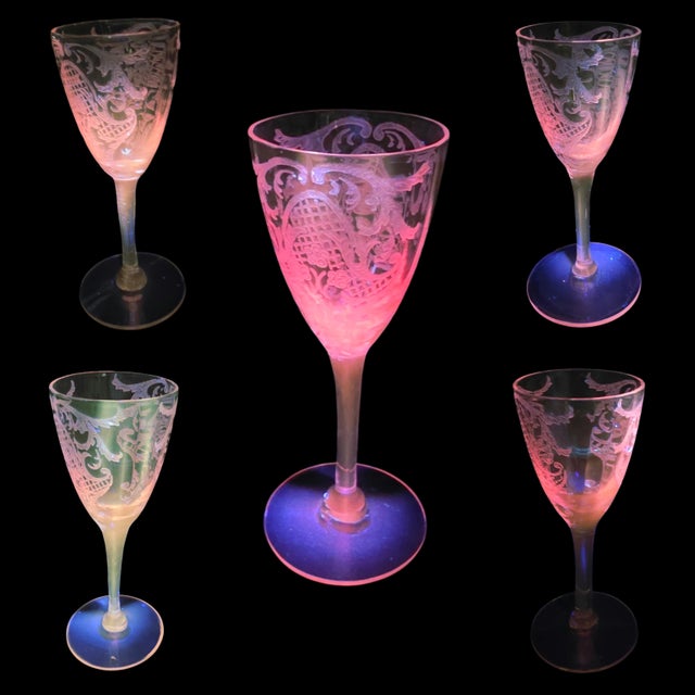 Art Deco 1929 Cambridge Glass Pink Etched Cordial Glasses, Etch 740, Set of 5 For Sale - Image 3 of 13