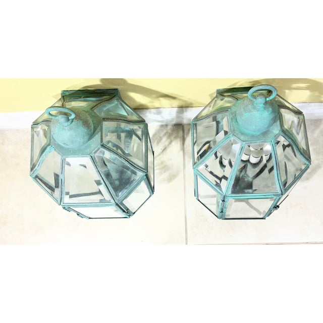 Pair of Vintage Solid Brass & Beveled Glass Wall Lantern - Sconces - Verdigris For Sale - Image 15 of 17
