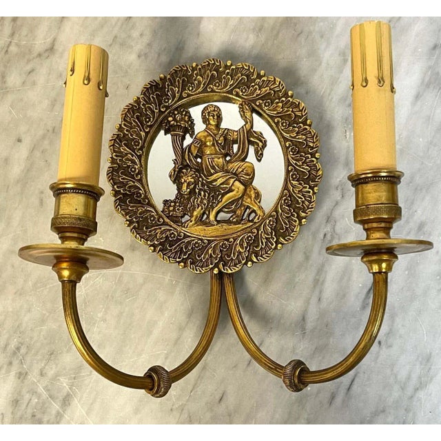 Gold 1950s French Bronze & Mirror Medallion 'America & Europe' Wall Sconces - A Pair For Sale - Image 8 of 11