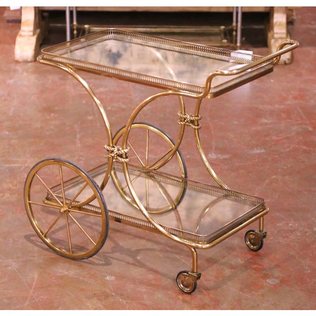 Mid 20th Century Mid-Century French Gilt Brass Bar Cart With Glass Shelves and Wheels For Sale - Image 5 of 9