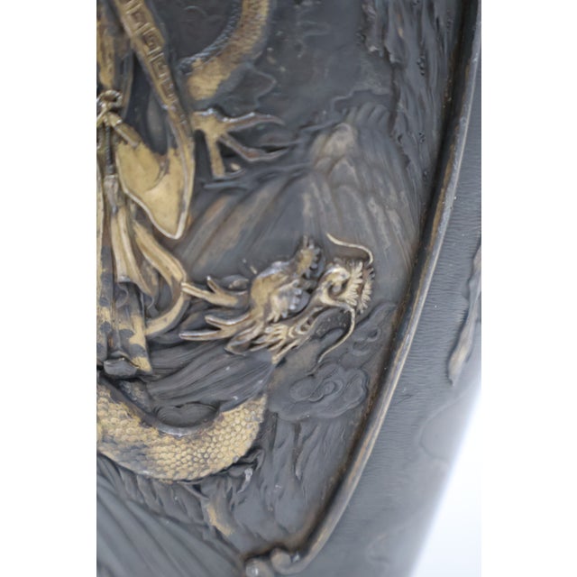 Metal Antique Japanese Meiji Bronze Vase With Mount Fuji, Dragon & Phoenix Relief, 19th Century For Sale - Image 7 of 18