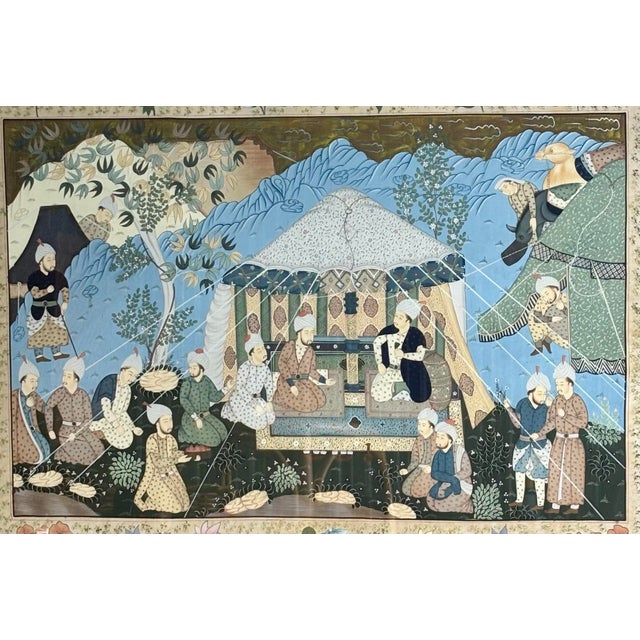 Hollywood Regency 20th Century Mughal Court Painting on Silk - Persian Indian Miniature Style For Sale - Image 3 of 8
