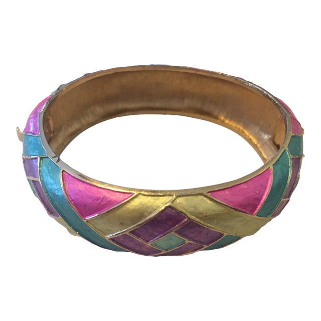 1970s Kramer Multi-Color Enamel Hinged Bangle Bracelet For Sale