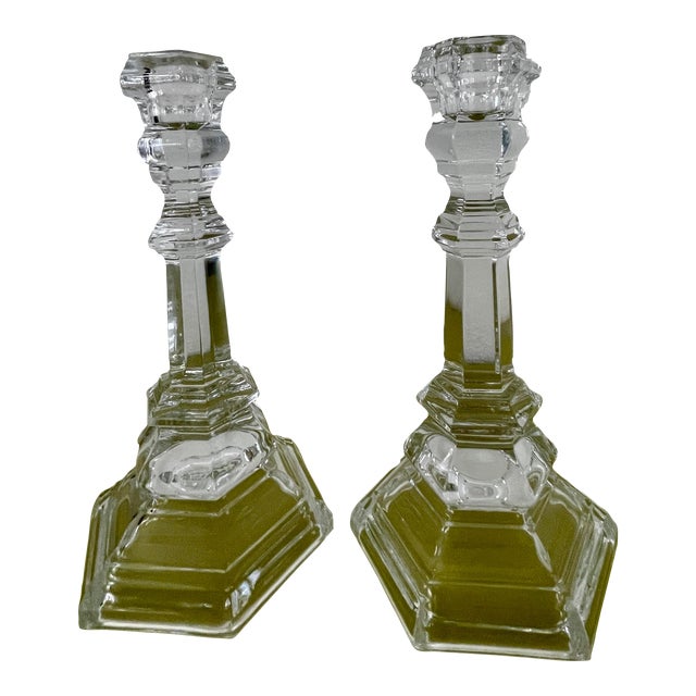 2000s Tiffany & Co. Plymouth Pattern Glass Candlesticks Set of 2
