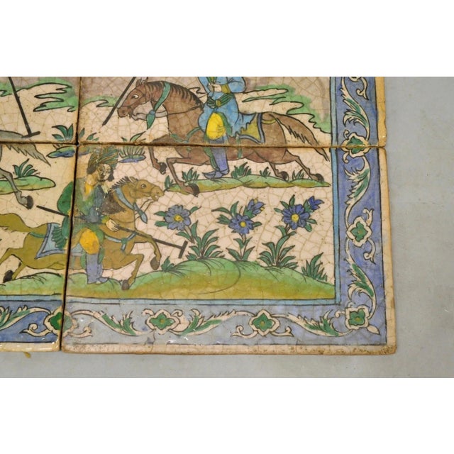 Antique Persian Iznik Qajar Style Ceramic Pottery Tile Mosaic Polo Players C7 For Sale In Philadelphia - Image 6 of 11