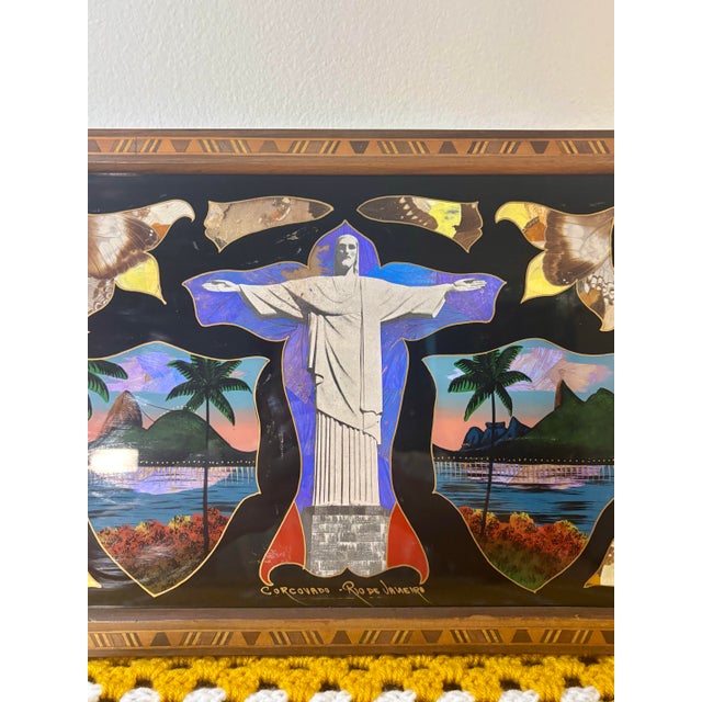 Mid-Century Modern Antique Brazilian Butterfly Wing Tray, Christ the Redeemer, Rio De Janeiro For Sale - Image 3 of 8