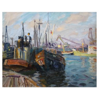 Nikolajs Breikss, Ships in Port, 1960s, Oil on Cardboard For Sale