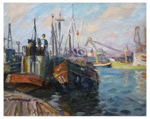 Nikolajs Breikss, Ships in Port, 1960s, Oil on Cardboard