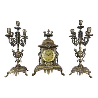Vintage French Mantel Clock Garniture with Candelabras, Set of 3 For Sale