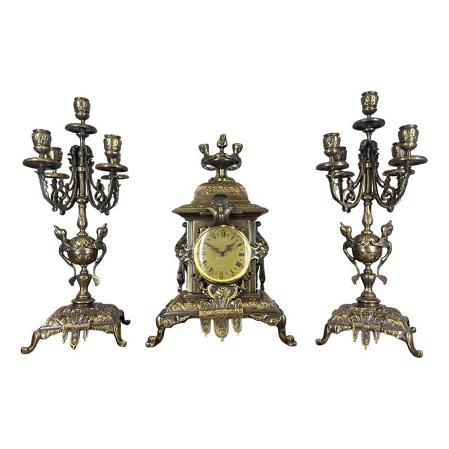 Vintage French Mantel Clock Garniture with Candelabras, Set of 3 For Sale