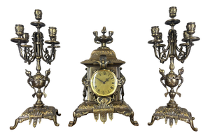 Vintage French Mantel Clock Garniture with Candelabras, Set of 3
