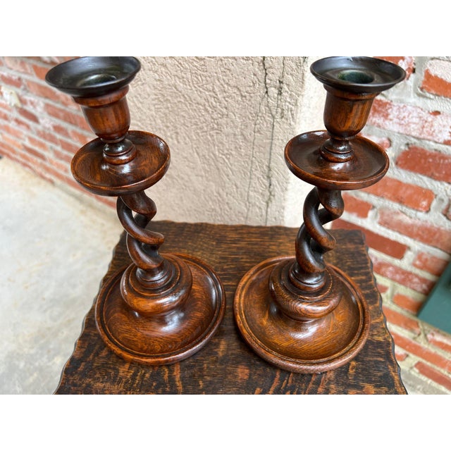 Antique English Oak Open Barley Twist Candlesticks Jacobean Pair C1890 11.0” For Sale - Image 18 of 18