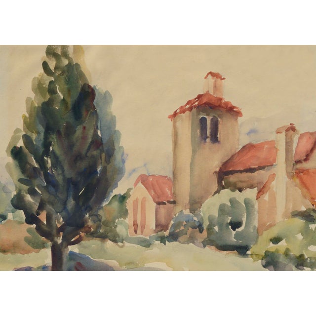 Beautiful mid-century watercolor landscape of a California mission with a tree in the foreground by an unknown artist...