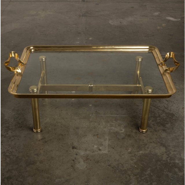1980s Brass & Glass Coffee Table Glam Metal Chic Tray-Form For Sale - Image 9 of 11