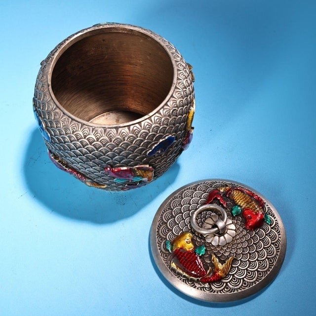 Vintage Silver and Enamel Lidded Jar With Koi Fish and Lotus Motif For Sale - Image 4 of 9