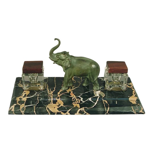 1920s French Art Deco Era Inkwell on Marble – Featuring an Elephant For Sale