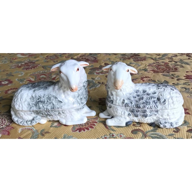 Made in Italy Mottahedeh Porcelain Hand Painted Sheep Lambs Covered Boxes a Pair For Sale - Image 11 of 11