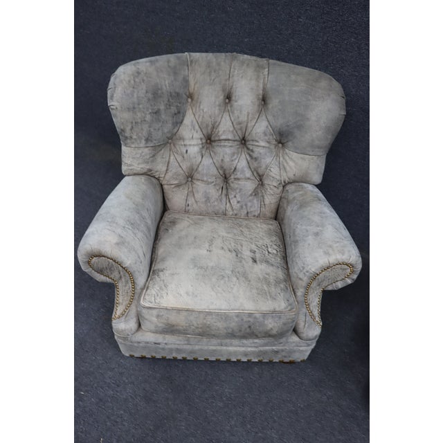 English Pair of Leathercraft Inc. Distressed Gray Tufted Leather Recliner Club Chairs For Sale - Image 3 of 18