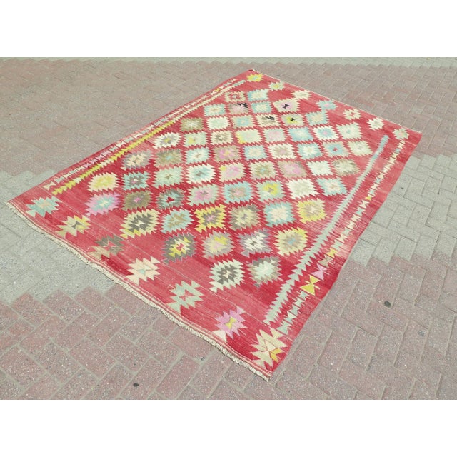Mid 20th Century Mid 20th Century Vintage Turkish Kilim Wool Area Rug Boho Rug For Sale - Image 5 of 11