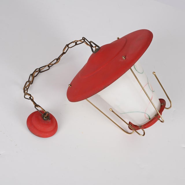 1950s Mid-Century Italian Round Opaline Glass and Brass Red Lantern Chandelier, 1950s For Sale - Image 5 of 18