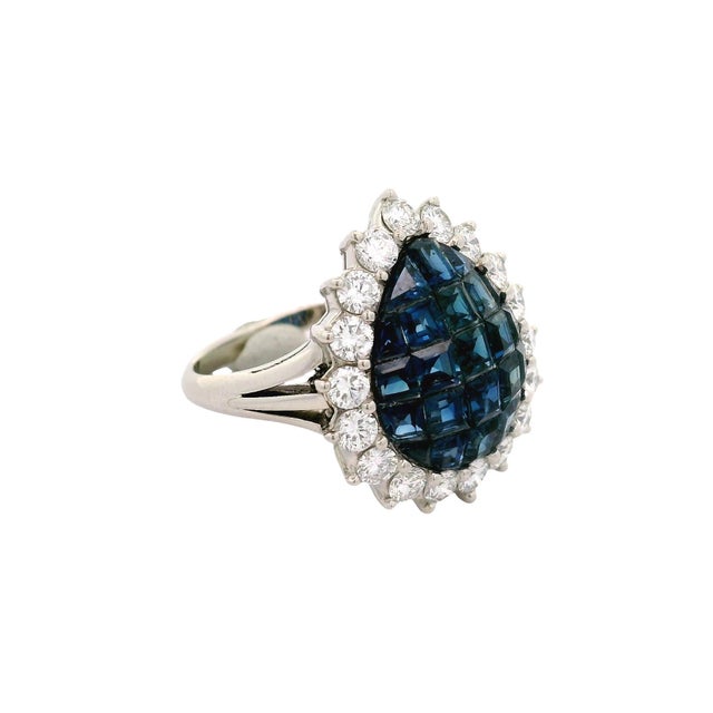 Invisible-Set Sapphire Diamond Platinum Halo Ring, Size 7 For Sale - Image 4 of 6